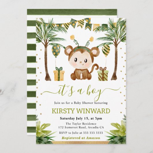 Waterverf Oerwoud Aap Baby Jongensdouche Kaart (Voorkant / Achterkant)