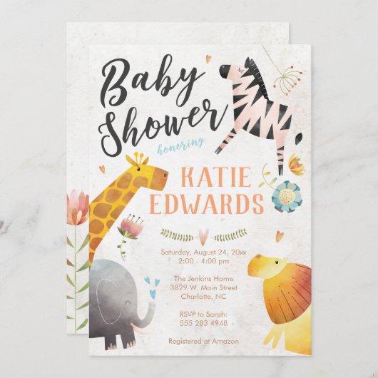 Waterverf Oerwoud Dieren Baby shower Uitnodiging (Voorkant / Achterkant)