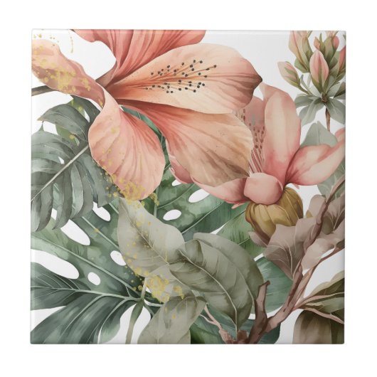 Waterverf Oerwoud Florals Peach Gold Splash Tegeltje (Voorkant)
