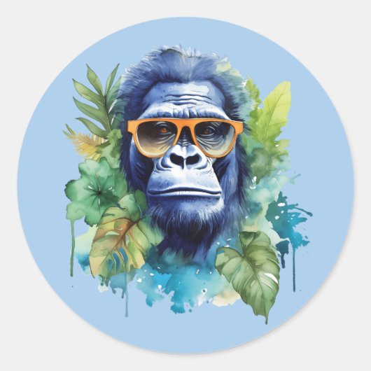 Waterverf Oerwoud Gorilla met zonnebril & bladeren Ronde Sticker (Voorkant)