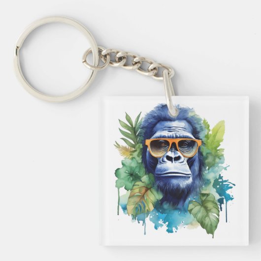 Waterverf Oerwoud Gorilla met zonnebril & bladeren Sleutelhanger (voorkant)