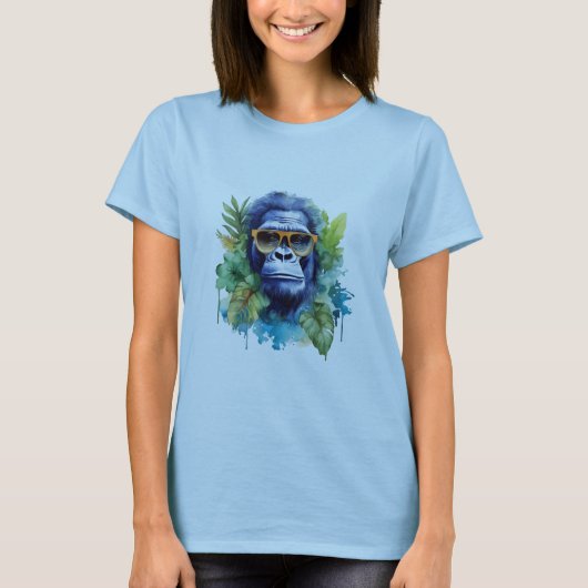 Waterverf Oerwoud Gorilla met zonnebril & bladeren T-shirt (Voorkant)