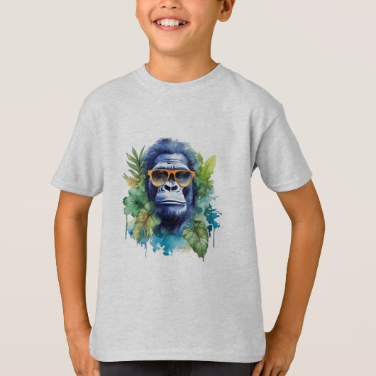 Waterverf Oerwoud Gorilla met zonnebril & bladeren T-shirt (Voorkant)