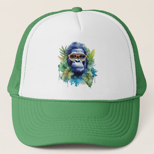 Waterverf Oerwoud Gorilla met zonnebril & bladeren Trucker Pet (Voorkant)
