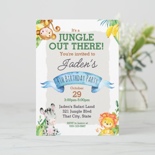Waterverf Oerwoud Leeuw en Giraffe Birthday Invita Kaart (Staand voorkant)