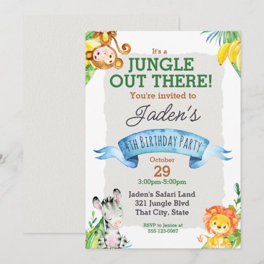 Waterverf Oerwoud Leeuw en Giraffe Birthday Invita Kaart (Voorkant / Achterkant)