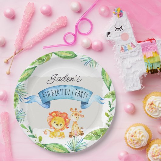 Waterverf Oerwoud Leeuw en Giraffe Birthday Papieren Bordje (Feest)