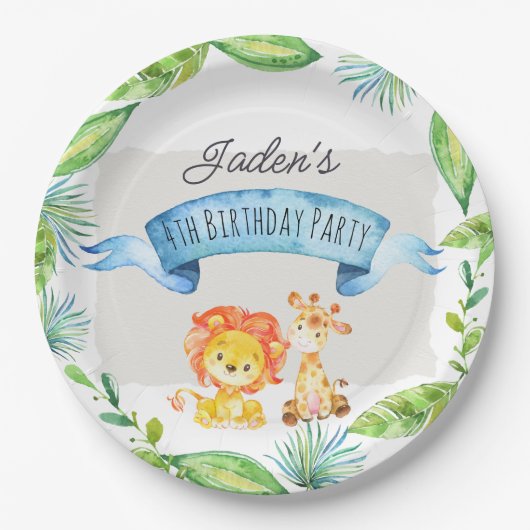 Waterverf Oerwoud Leeuw en Giraffe Birthday Papieren Bordje (Voorkant)