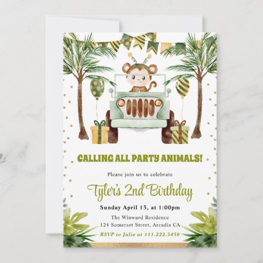 Waterverf Oerwoud Monkey Kids Verjaardag Kaart (Voorkant)