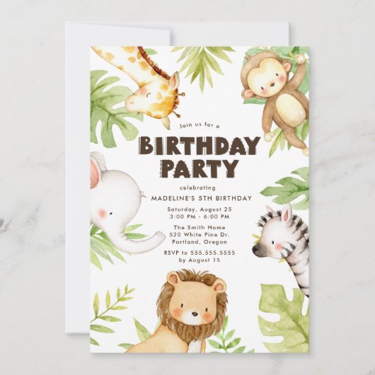 Waterverf Oerwoud Safari Animals Birthday Kaart (Voorkant)