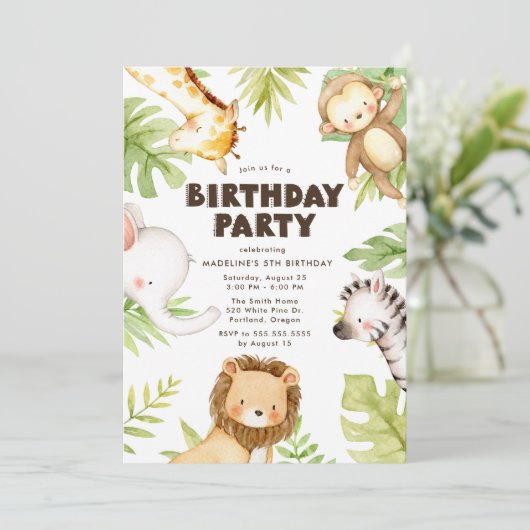 Waterverf Oerwoud Safari Animals Birthday Kaart (Staand voorkant)