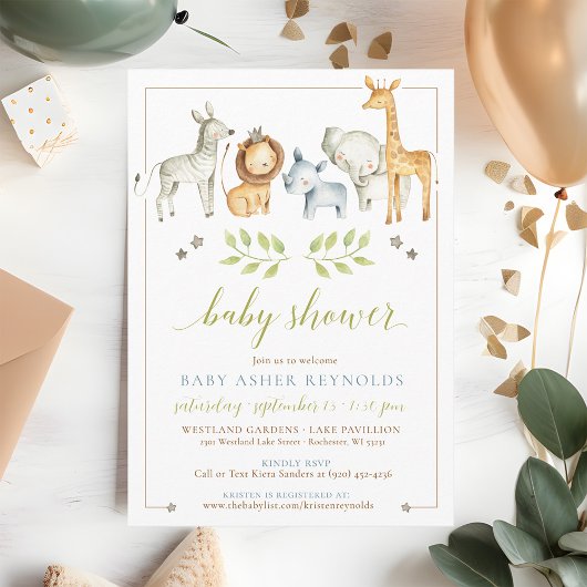 Waterverf Oerwoud Safari Dieren Baby Boy Shower Kaart