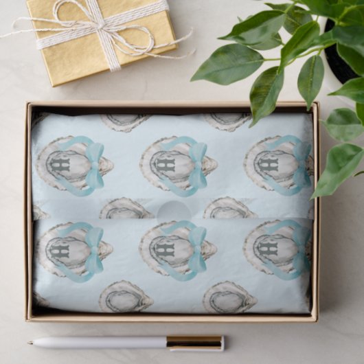 Waterverf oesters blauw boog monogram tissuepapier (Geschenk)