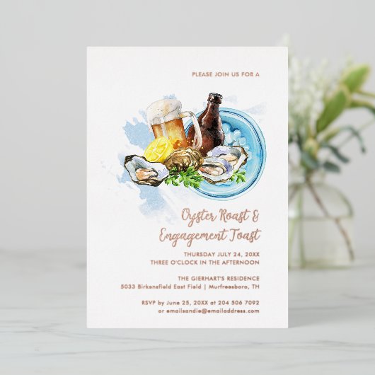 Waterverf Oesters en Bier Verlovingsfeest Folie Uitnodiging (Staand Voorkant)