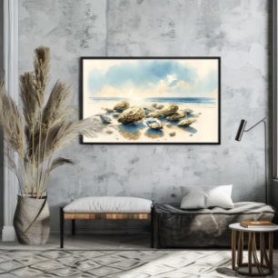 Waterverf oesterschelpen kustkunstlandschap poster