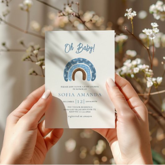 Waterverf Oh Baby Blue Rainbow Baby shower Kaart
