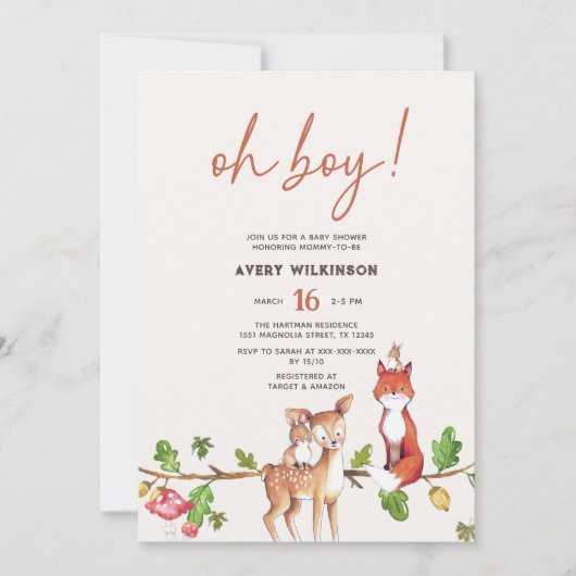 Waterverf Oh Boy Woodland Baby shower Kaart (Voorkant)