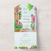 Waterverf Old Town & Flowers bruiloft All In One Uitnodiging (Binnen)