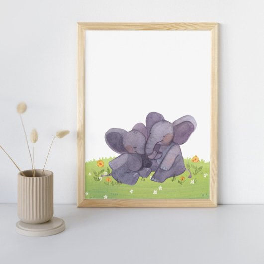 Waterverf Olephants bloemen en grasneuriery Poster