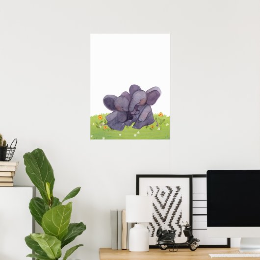 Waterverf Olephants bloemen en grasneuriery Poster (Thuiskantoor)