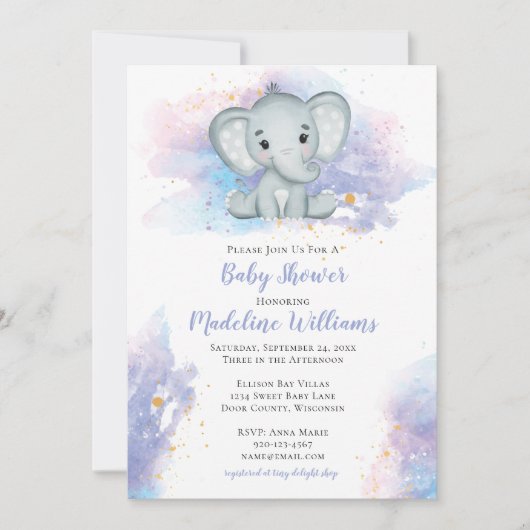Waterverf Olifant Baby Shower Uitnodiging (Voorkant)