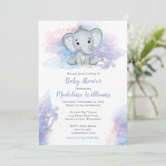 Waterverf Olifant Baby Shower Uitnodiging (Staand voorkant)