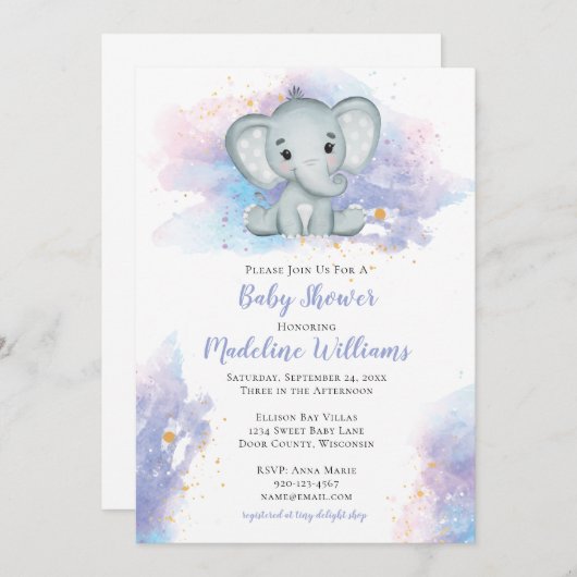 Waterverf Olifant Baby Shower Uitnodiging (Voorkant / Achterkant)