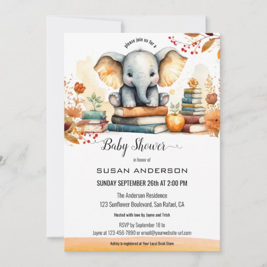Waterverf Olifant Boeken Baby shower Kaart (Voorkant)