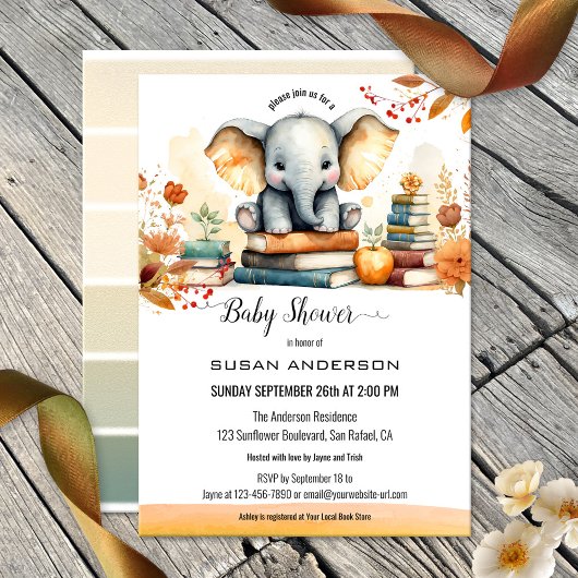 Waterverf Olifant Boeken Baby shower Kaart