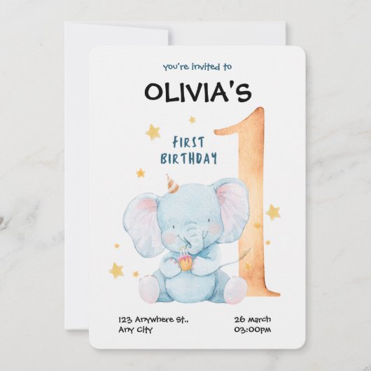 Waterverf olifant eerste verjaardag kaart (Voorkant)