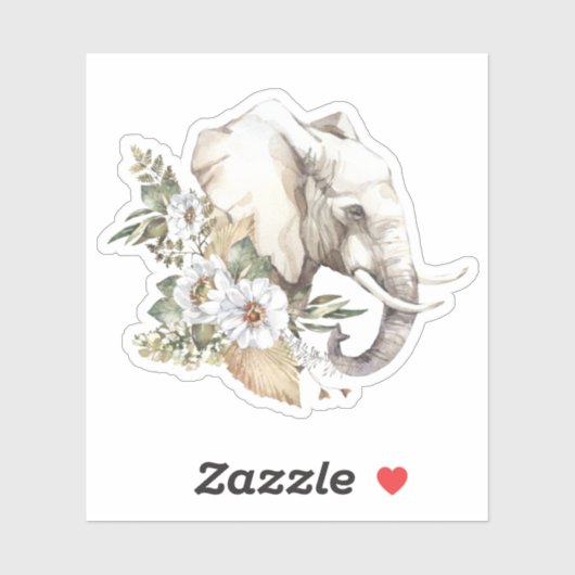 Waterverf Olifant Head & White Flowers Sticker (Vel)