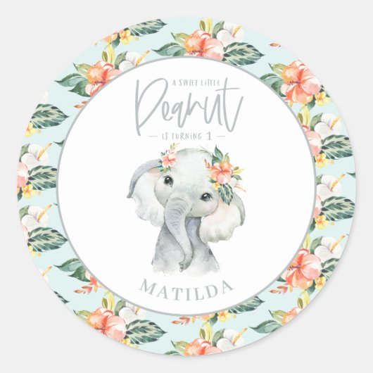 Waterverf olifant kleine pinda - verjaardagsfeestj ronde sticker (Voorkant)