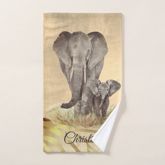 Waterverf olifant mam en baby aangepaste naam handdoek (Handdoek)
