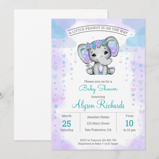 waterverf olifant meisje florale Baby shower Kaart (Voorkant / Achterkant)
