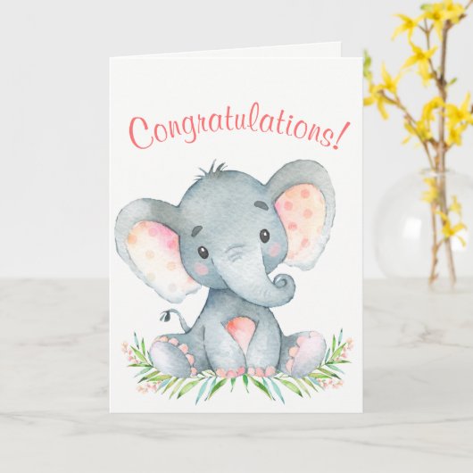 Waterverf Olifant Meisje Gefeliciteerd Kaart (Gele Bloem)