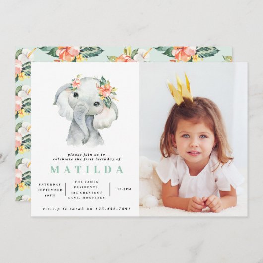 Waterverf olifant meisje verjaardagsfeest (Voorkant / Achterkant)