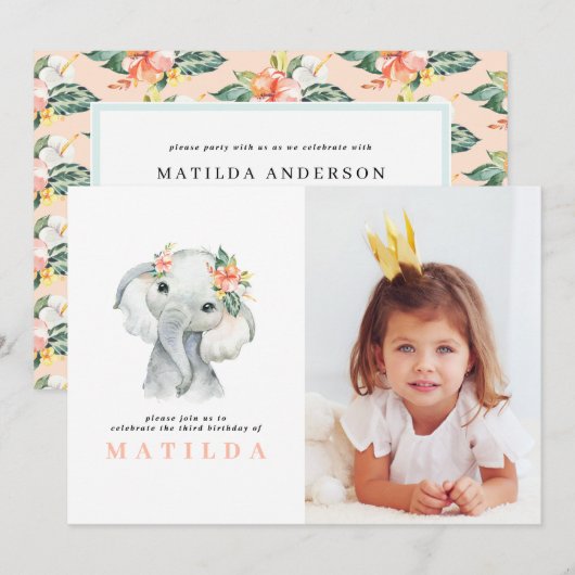 Waterverf olifant meisje verjaardagsfeest (Voorkant / Achterkant)