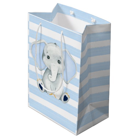 Waterverf olifant met blauwe strepen Baby shower Medium Cadeauzakje (Achterkant Gekanteld)
