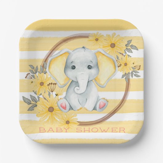 Waterverf olifant met geel stripe Baby shower Papieren Bordje (Voorkant)