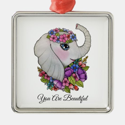 Waterverf olifant met wilde bloemen metalen ornament (Voorkant)