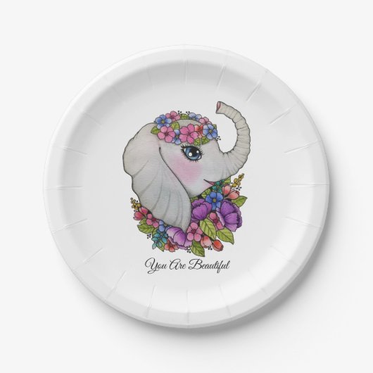 Waterverf olifant met wilde bloemen papieren bordje (Voorkant)