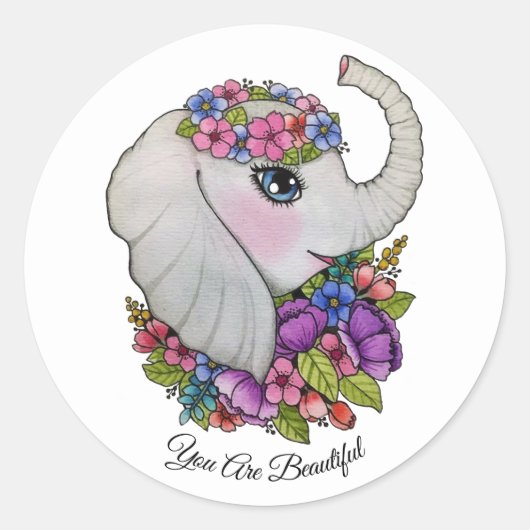 Waterverf olifant met wilde bloemen ronde sticker (Voorkant)