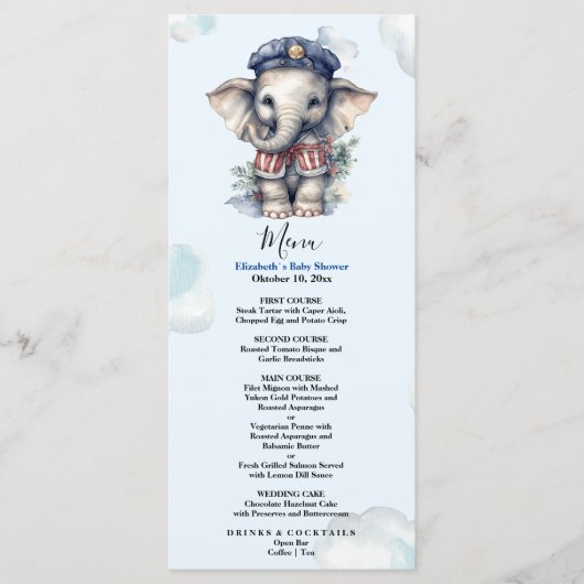 Waterverf Olifant nautische thema Menu (Voorkant)