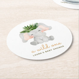 Waterverf Olifant Tropische Bladeren Baby Shower Ronde Kartonnen Onderzetter