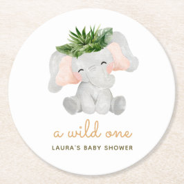 Waterverf Olifant Tropische Bladeren Baby Shower Ronde Kartonnen Onderzetter
