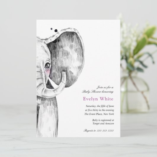 Waterverf olifant | Uitnodiging voor Baby shower (Staand voorkant)