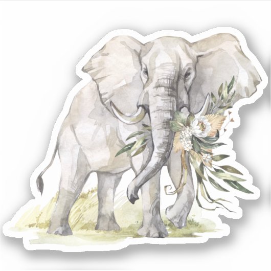 Waterverf Olifant & Witte Bloemen Sticker (Voorkant)