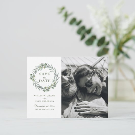 Waterverf olijf. Elegant Italiaans Save the Date Briefkaart (Staand voorkant)