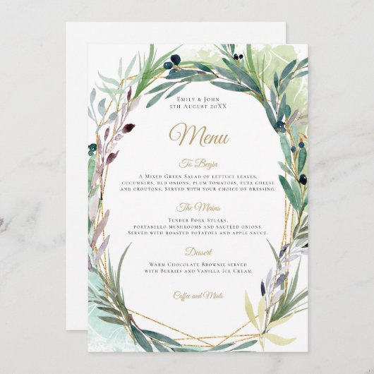Waterverf Olijfblad Geometrisch Lijst Bruiloft Menu (Voorkant / Achterkant)
