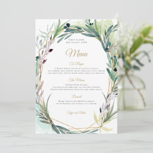 Waterverf Olijfblad Geometrisch Lijst Bruiloft Menu (Staand voorkant)